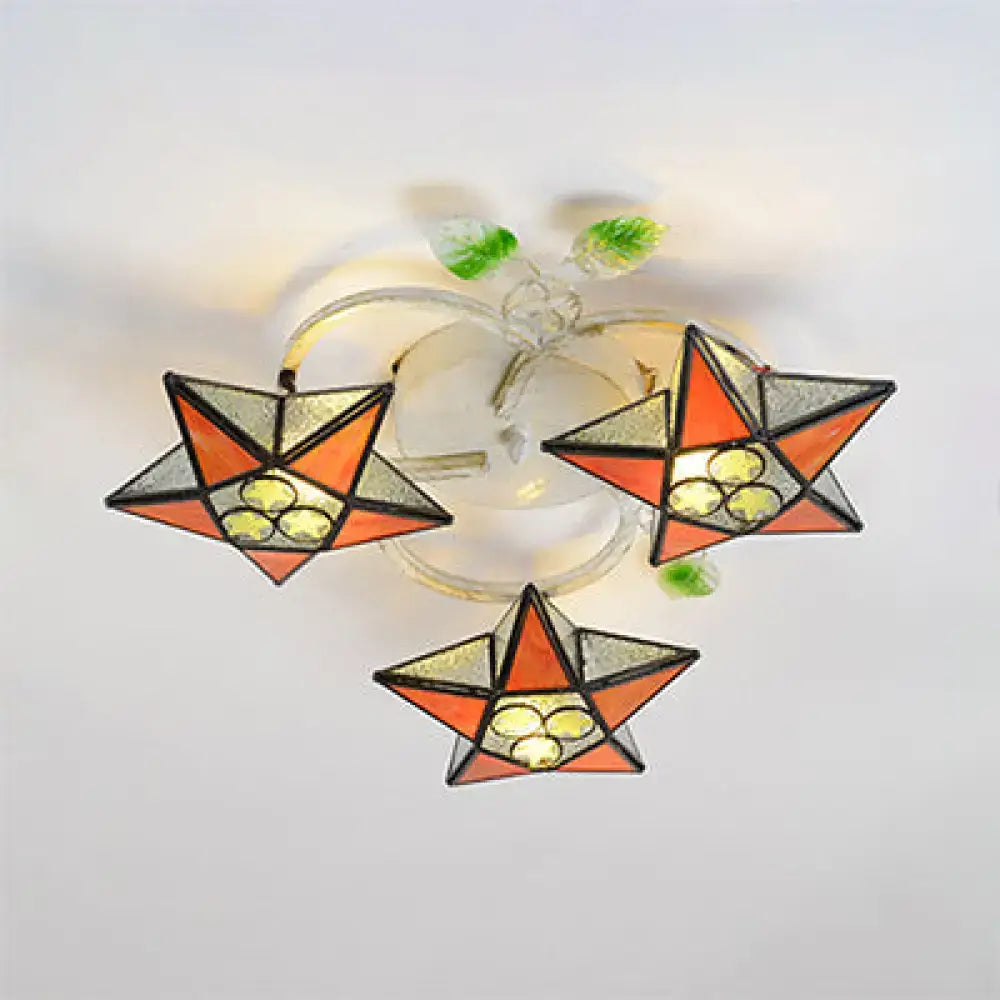 DecorBites modern tiffany stained glass flush mount ceiling light with orange silver star-shaped heads and green leaves compatible with 110v-120v 220v-240v led incandescent fluorescent bulbs