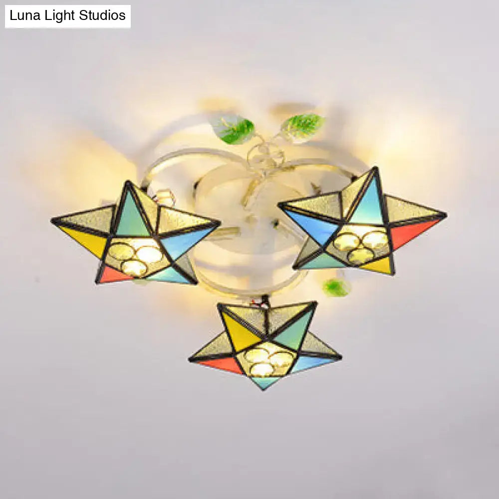 Colorful tiffany stained glass 110v-120v flush mount ceiling light with three star-shaped heads and floral design