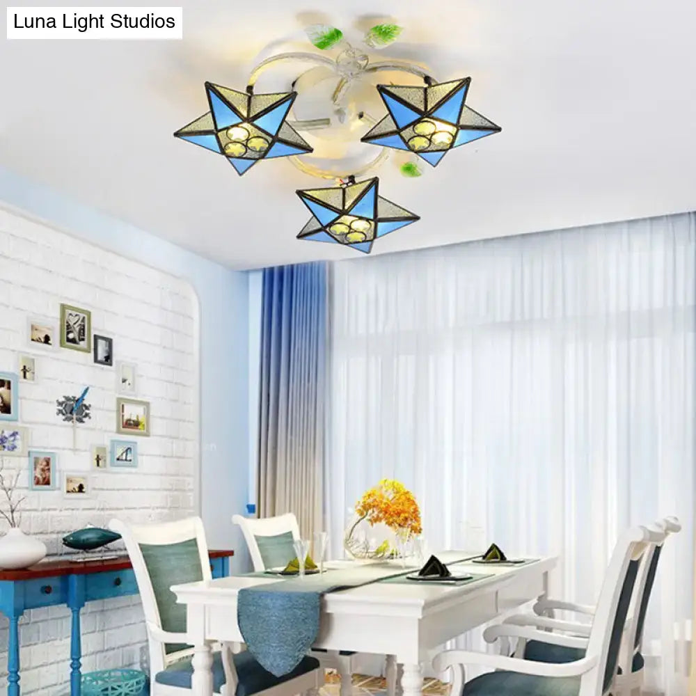 Stylish tiffany stained glass flush mount ceiling light with three blue star-shaped shades fits 110v-120v and 220v-240v bulbs