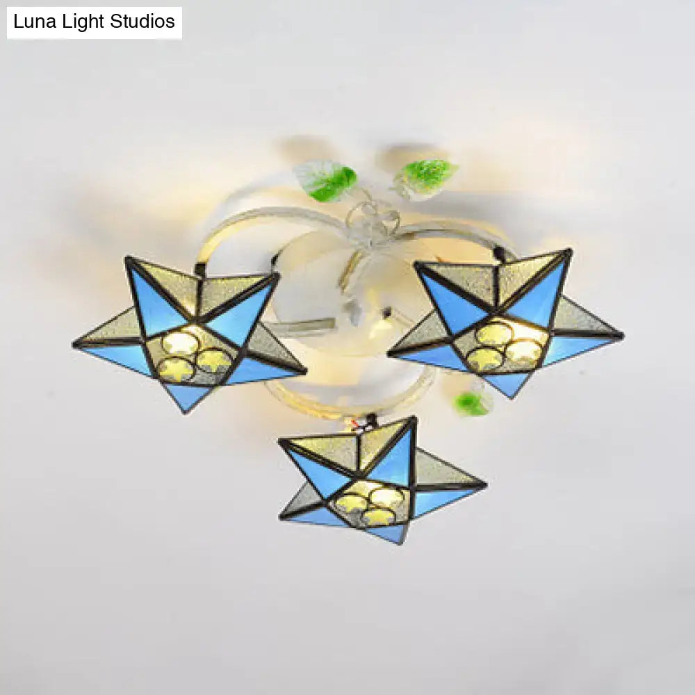 Decorbites modern tiffany stained glass flush mount ceiling light with blue silver star-shaped heads for led incandescent fluorescent bulbs 110v-120v 220v-240v