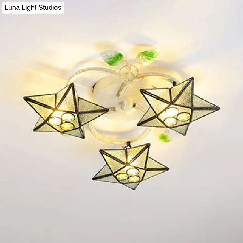 DecorBites™ modern Tiffany stained glass flush mount ceiling light with 3 star-shaped heads and green leaf accents compatible with 110v-120v and 220v-240v LED incandescent fluorescent bulbs