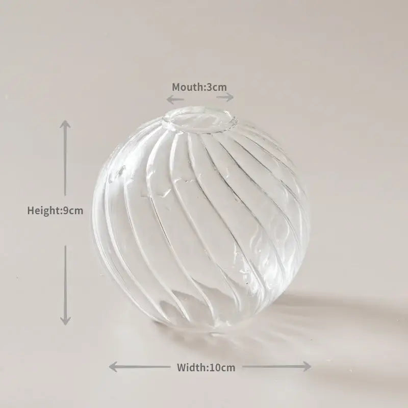 Decorbites modern transparent glass vase set featuring a 9cm tall clear spherical vase with vertical ribbed texture