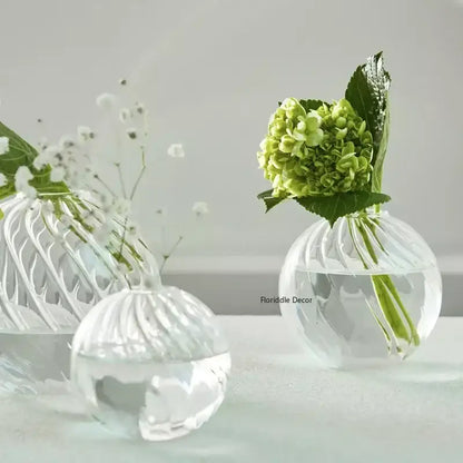 DecorBites™ modern transparent glass vases set with clear spherical ribbed design and green hydrangea bloom for decorate root