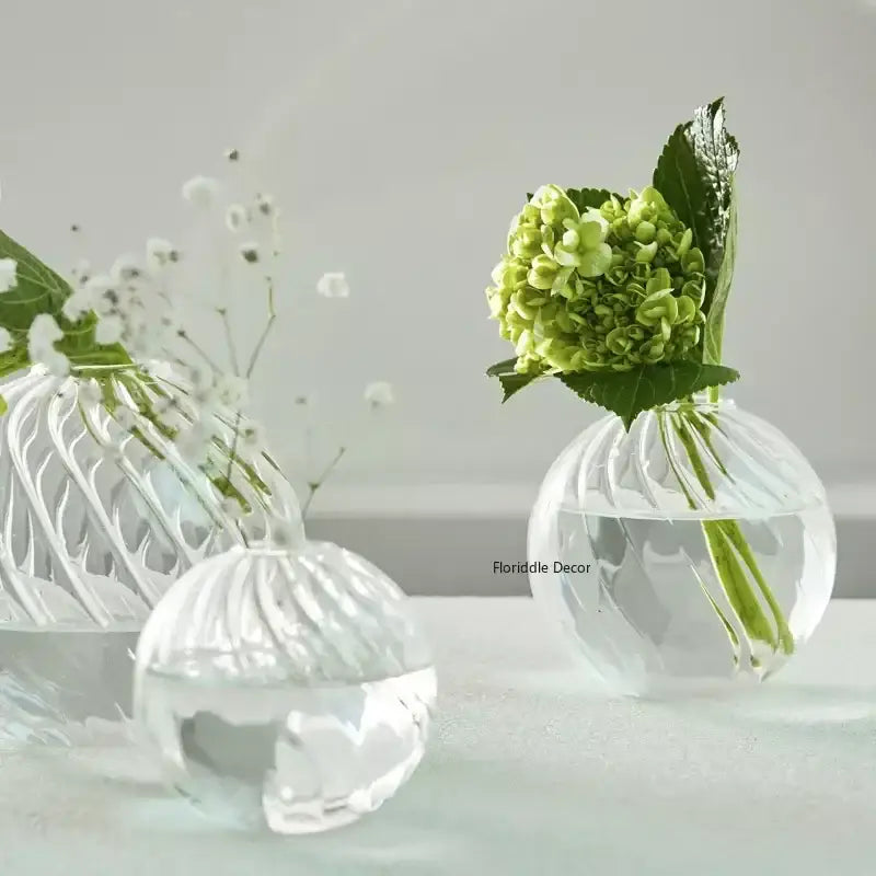 DecorBites™ modern transparent glass vases set with clear spherical ribbed design and green hydrangea bloom for decorate root