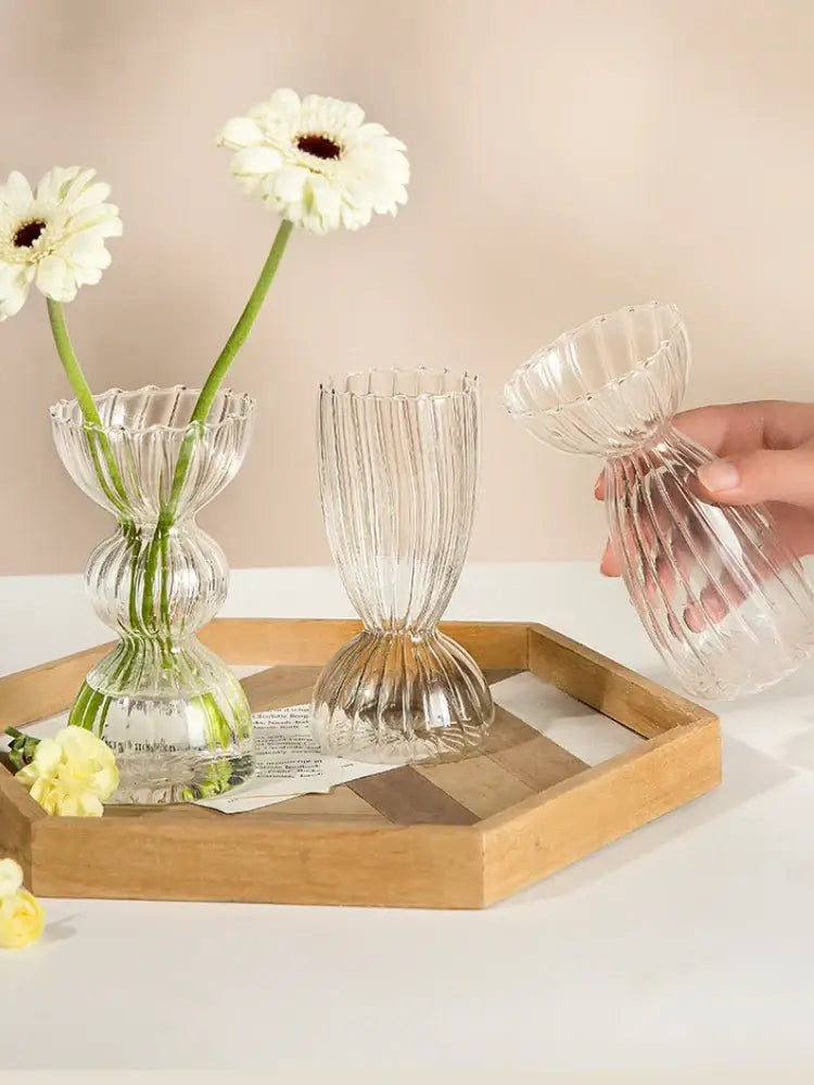 DecorBites™ modern transparent glass vases set featuring clear ribbed fluted tiered design to decorate root spaces
