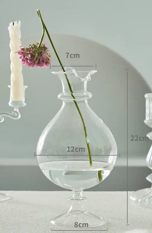 DecorBites™ modern transparent glass vase with fluted rim rounded body and pedestal base to decorate root spaces