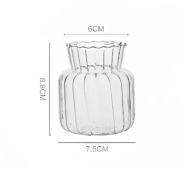 Clear glass vase with fluted rim and vertical ridges 8 cm height 7.5 cm base from DecorBites™ modern transparent glass vases set