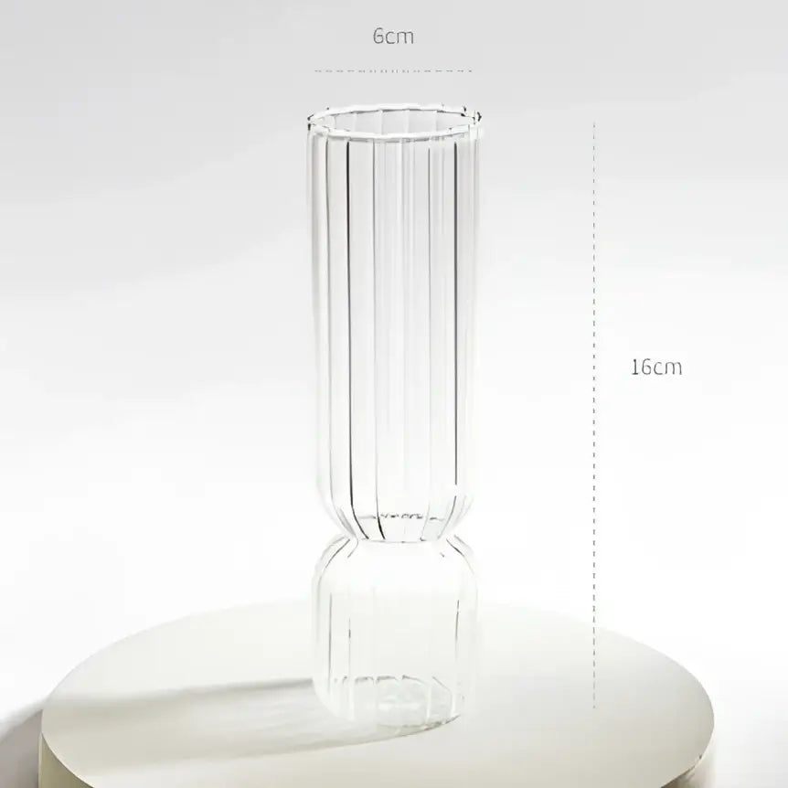 DecorBites™ modern transparent glass vase with vertical ridges and fluted base to decorate root areas