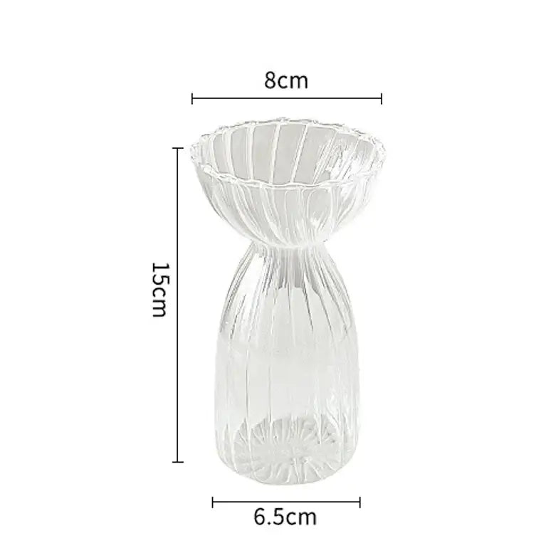 DecorBites™ modern transparent glass vase with fluted ribbed texture and tapered shape to decorate root spaces