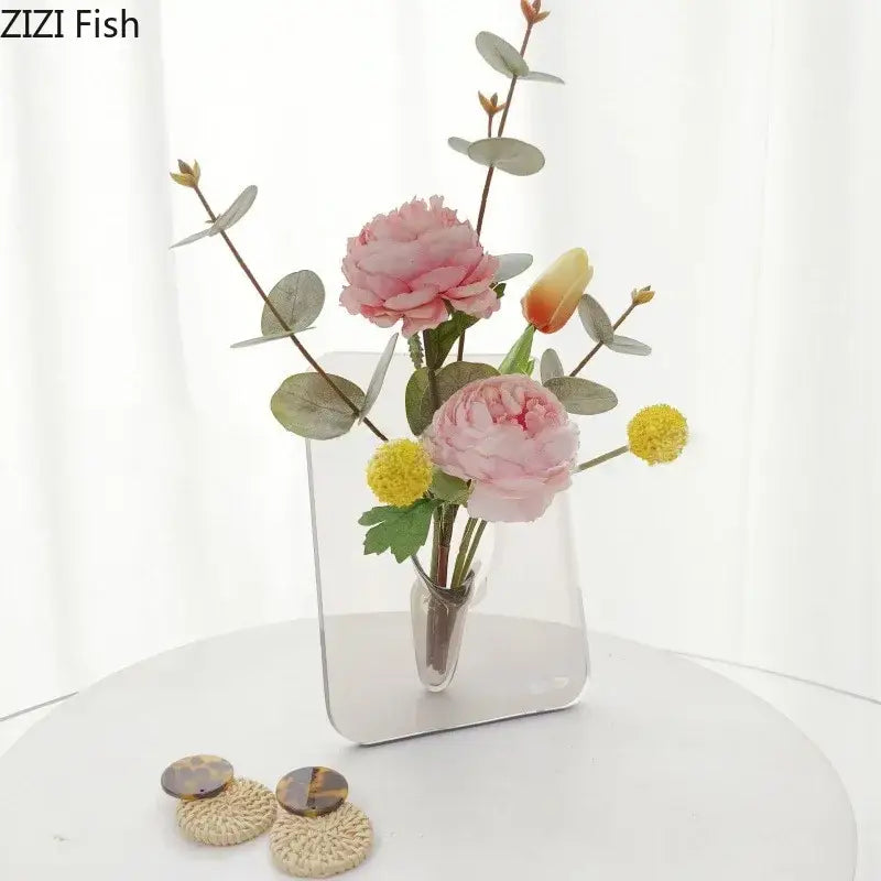 Decorbites modern transparent square vase with pink peonies yellow tulips and green eucalyptus leaves in a square vase