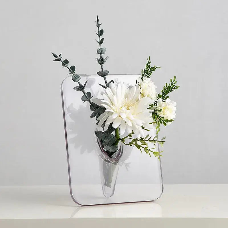 Decorbites™ modern transparent square vase clear rectangular glass vase holding white flowers and greenery