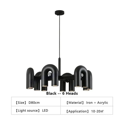 Black decorbites™ modern u-shaped led ceiling chandelier with six curved iron and acrylic pipe-like arms