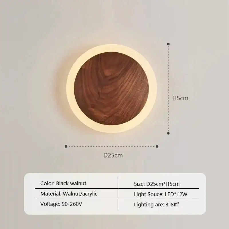 Decorbites™ modern walnut led wall light with black walnut wood center and acrylic ring 25cm diameter 5cm high