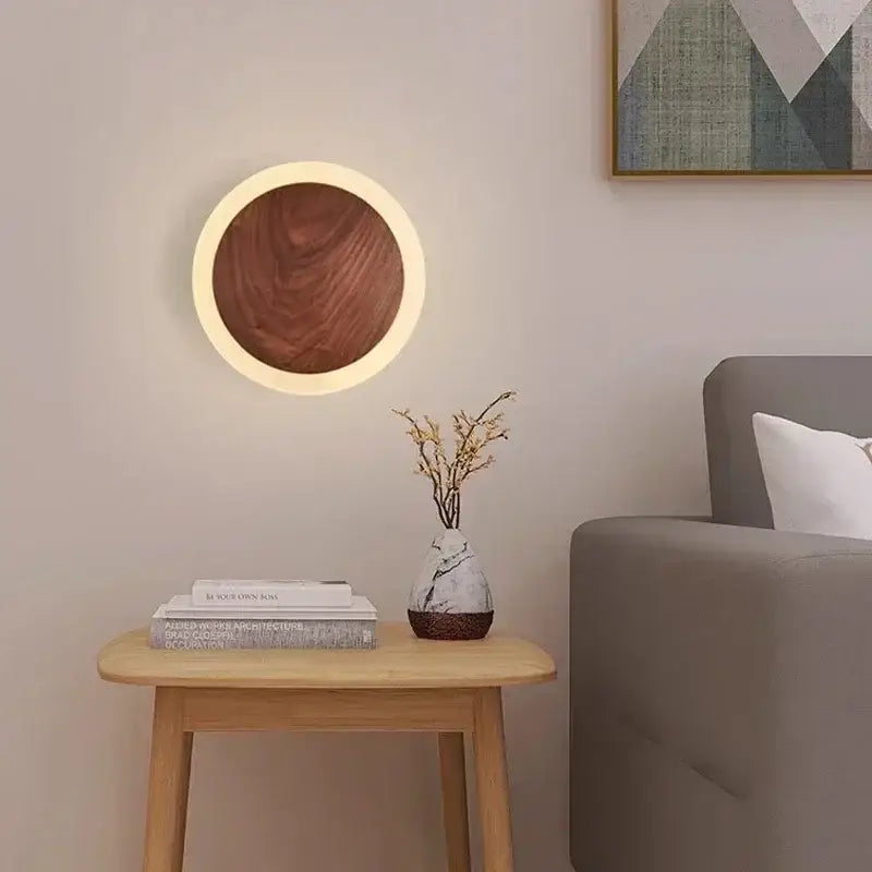 Decorbites™ modern walnut led wall light with circular design warm glow and central wooden disc detail