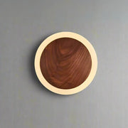 Decorbites™ modern walnut led wall light featuring a circular wooden bowl design with dark walnut interior and beige rim