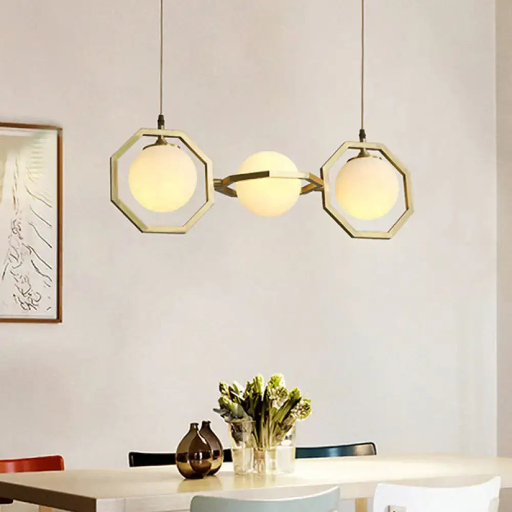 DecorBites modern 3-light ceiling pendant lamp with gold octagon frame and white frosted glass orb shades
