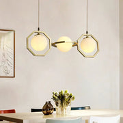 DecorBites modern 3-light ceiling pendant lamp with gold octagon frame and white frosted glass orb shades