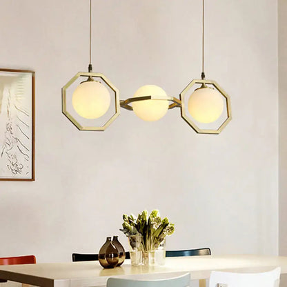 DecorBites modern 3-light ceiling pendant lamp with gold octagon frame and white frosted glass orb shades