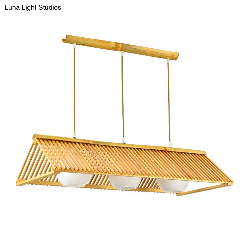 DecorBites™ modern wood bamboo ceiling light with cream glass shade and chain cord length featuring three white bowls