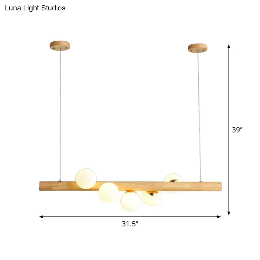 Decorbites modern wood stick pendant light kit with five beige frosted glass bulbs for dining room island lighting