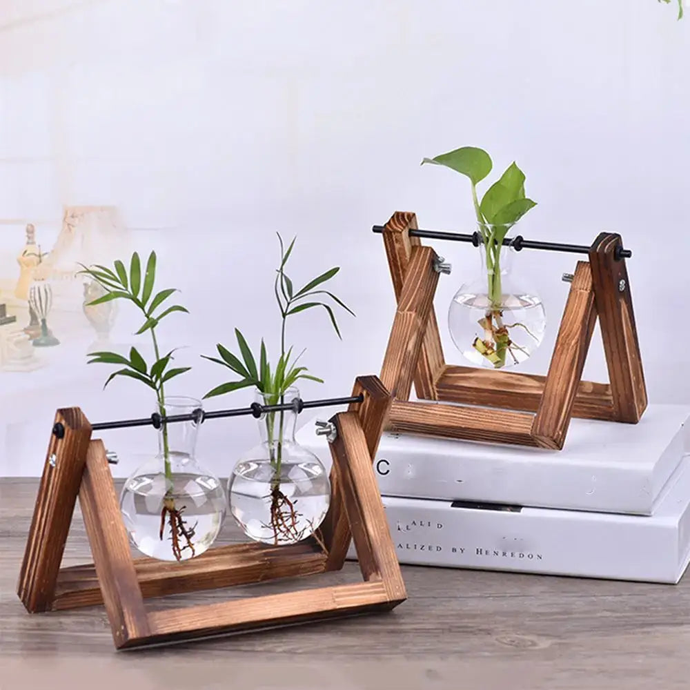 DecorBites modern wooden frame glass vase terrarium with clear glass vases and green plants in a wooden a-frame stand
