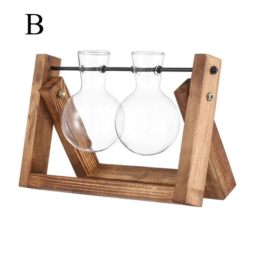Decorbites modern wooden frame glass vase terrarium with clear glass bud vases and rustic wooden frame stand