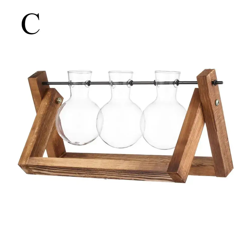 Decorbites™ modern wooden frame glass vase terrarium with clear glass bud vases mounted on a rustic wooden frame stand