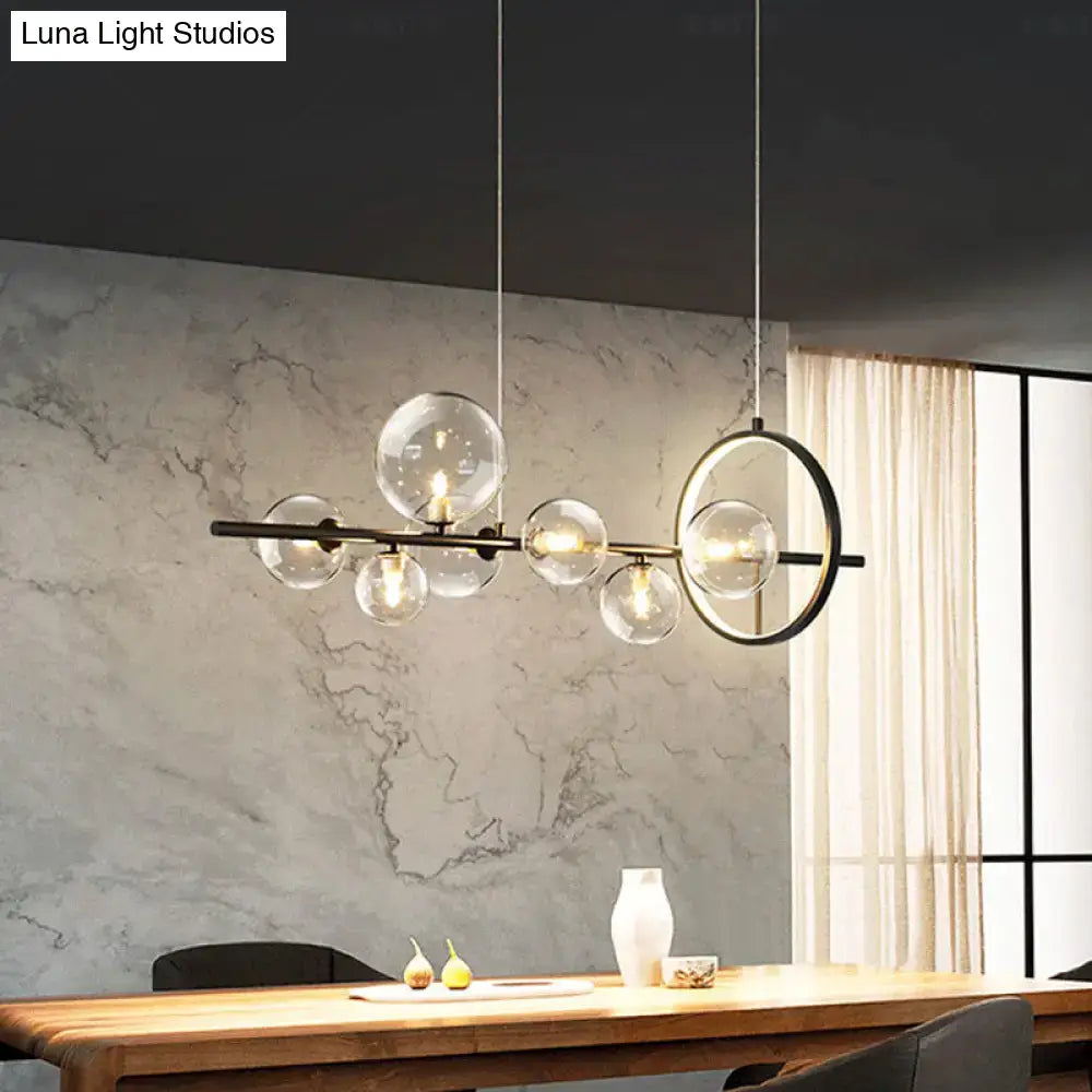 Decorbites modernist hanging pendant island light with seven transparent glass globes and black metal frame