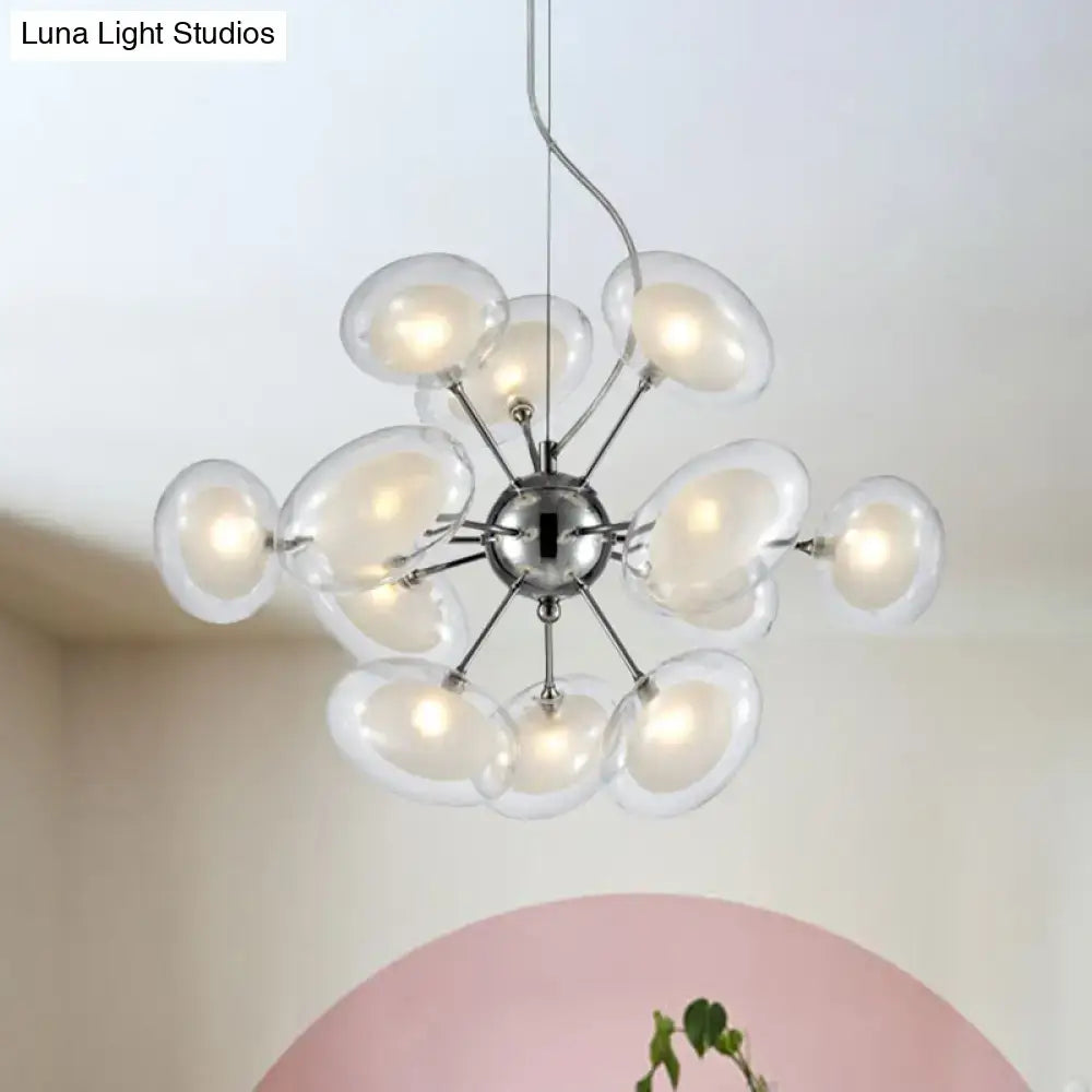 DecorBites™ modernist burst chandelier with dual oblate glass shades and chrome finish in 12-light suspension lighting