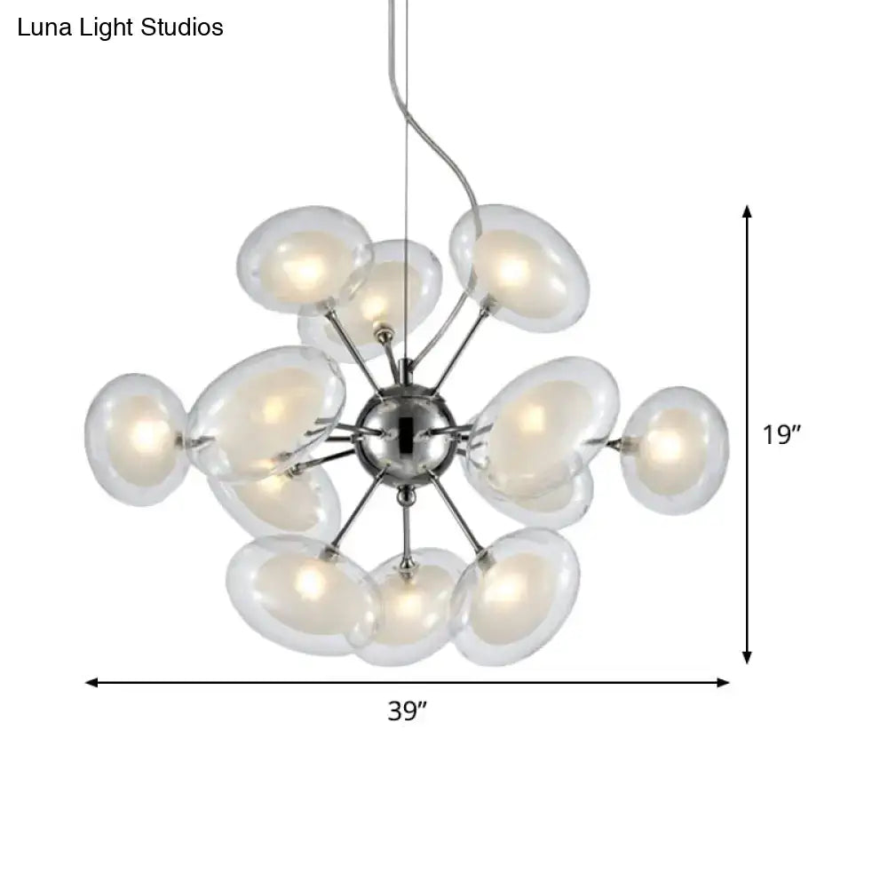DecorBites™ modernist burst chandelier with 12-light chrome finish and dual oblate glass globe shades in spherical cluster