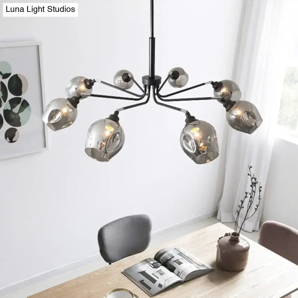 Modern black metal chandelier with eight smoke grey cup shape glass globes for living room lighting