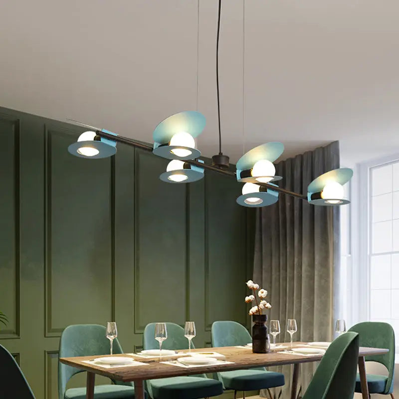 Modern teal and black 6-bulb hanging lamp kit with circular disc shades for dining room island ceiling light