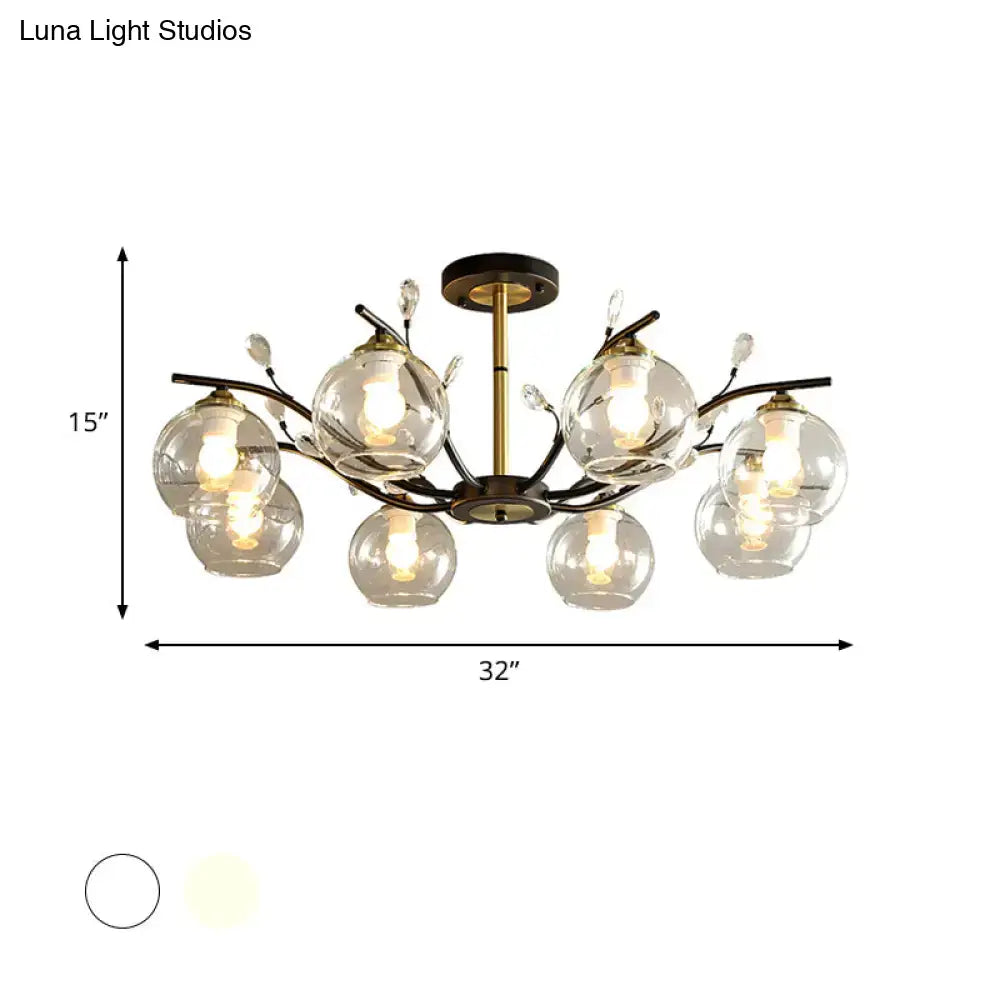 DecorBites™ modernist semi flush mount ceiling light with brass stem, black bronze arms, and cream clear glass globes