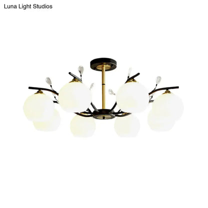 Decorbites modernist semi flush mount ceiling light with cream clear glass shades black arms and crystal accents
