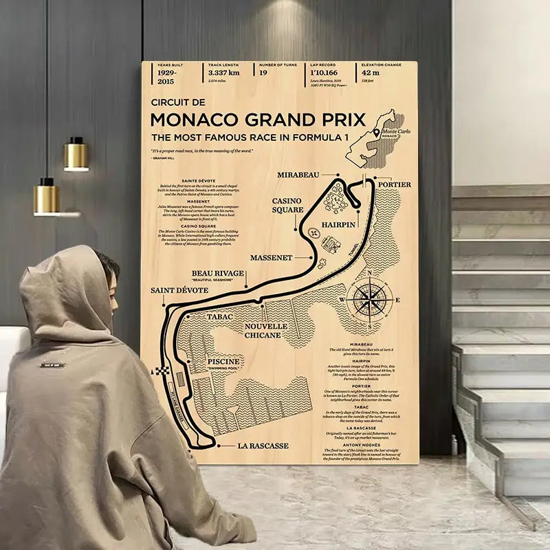 Beige-toned decorbites monaco grand prix f1 racing poster art with black line art map, text, and compass rose design