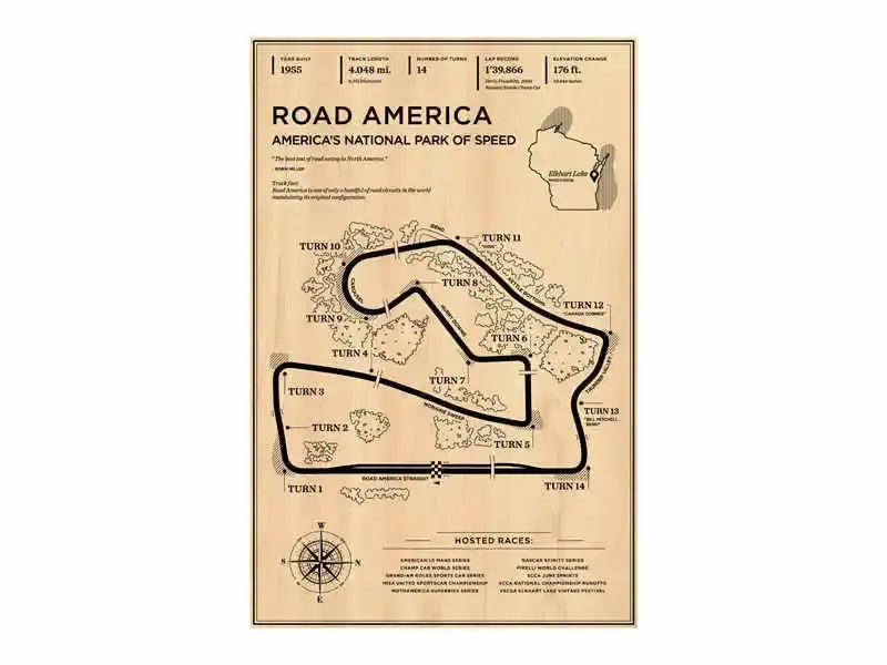 Beige vintage style DecorBites™ Monaco Grand Prix F1 racing poster art featuring Road America track layout in black ink