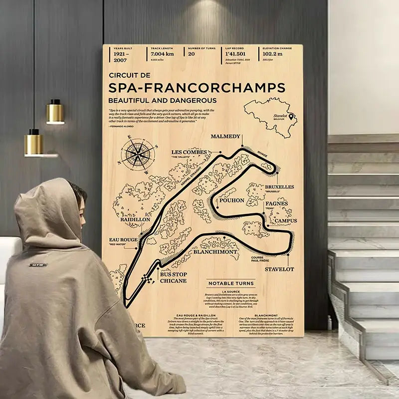 A light wood panel with a detailed black line drawing of spa-francorchamps race track for monaco grand prix decor