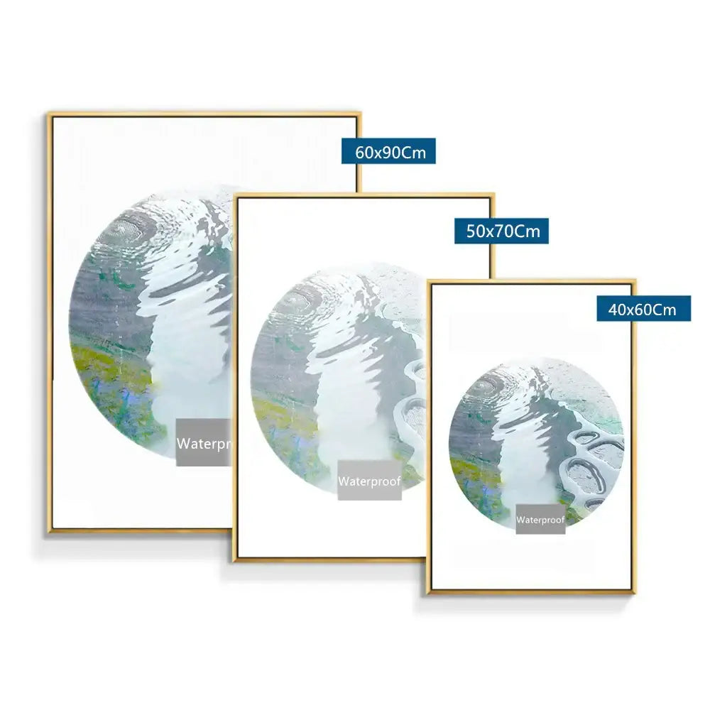 Three framed abstract art prints with circular water ripple designs in muted blues and greens by decorbites monaco grand prix