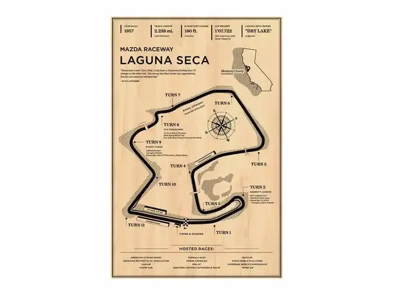 Vintage-style decorbites monaco grand prix poster featuring sepia-toned mazda raceway laguna seca track layout on beige background