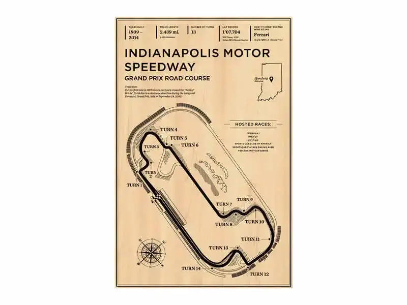 Vintage-style sepia-toned decorbites™ monaco grand prix f1 racing poster art featuring indianapolis motor speedway grand prix layout