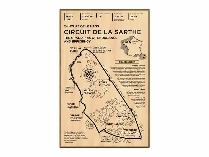 Vintage-style beige DecorBites™ poster featuring circuit de la sarthe map with grand prix track notes for Monaco Grand Prix