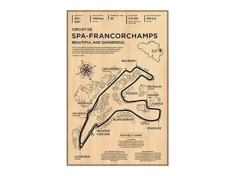 Vintage-style beige decorbites monaco grand prix poster featuring circuit de spa-francorchamps race track layout in black ink