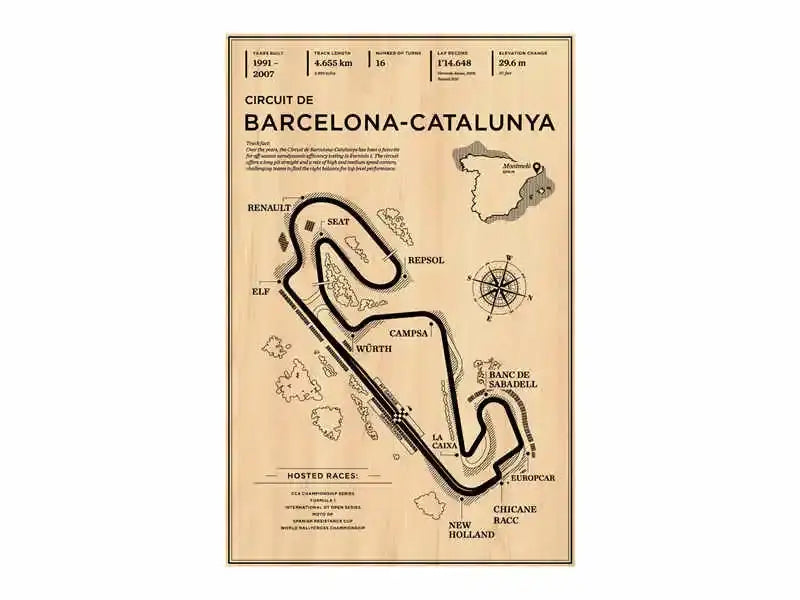Vintage-style beige decorbites™ monaco grand prix poster featuring circuit de barcelona-catalunya race track layout with sponsor logos