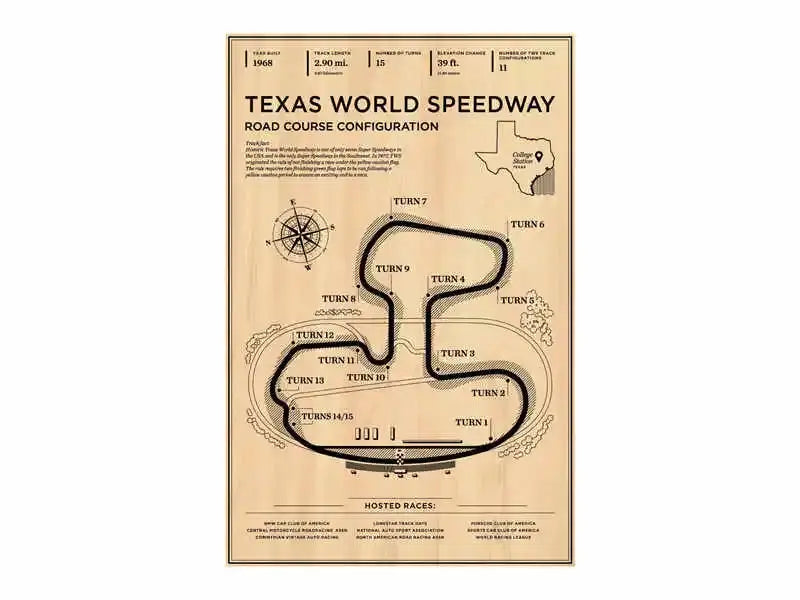 Vintage-style decorbites™ monaco grand prix poster art featuring texas world speedway road course in black ink on beige