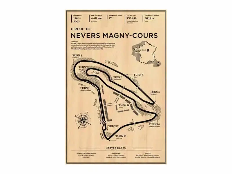 Vintage-style decorbites™ monaco grand prix f1 racing poster featuring circuit de nevers magny-cours layout on beige parchment