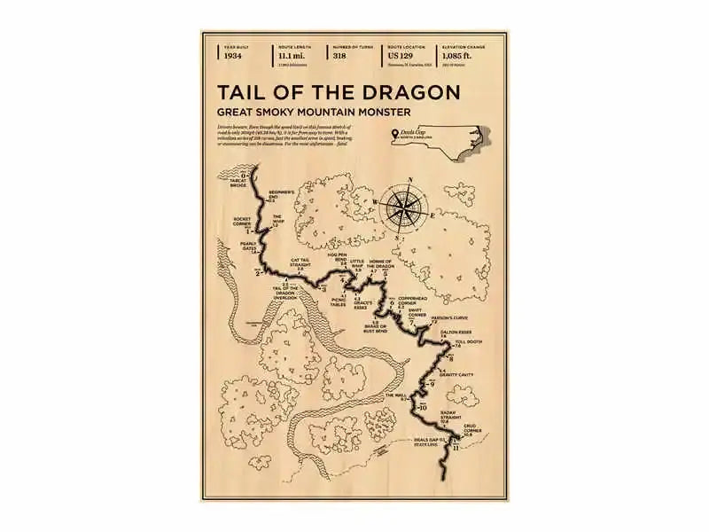 Vintage-style sepia map poster titled tail of the dragon with black ink details in decorbites monaco grand prix art