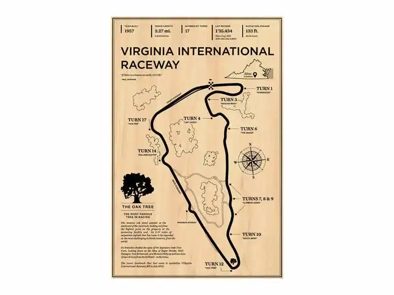 Vintage-style map of virginia international raceway on beige textured paper in decorbites™ monaco grand prix poster art