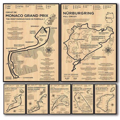 Vintage-style sepia monaco grand prix race track poster canvas art featuring detailed maps of monaco and nürburgring circuits