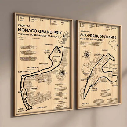Two framed vintage-style canvas wall arts featuring monaco grand prix and spa-francorchamps race track maps by decorbites