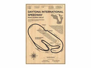 Vintage beige decorbites monaco grand prix racing poster featuring detailed daytona international speedway map and statistics